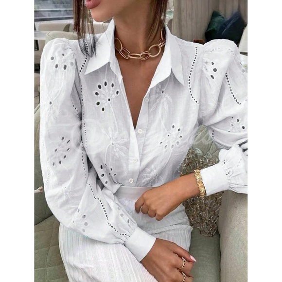 White Boho Eyelet Shirt, French Style Collar Button Front, Eyelet Embroidery - Picture 4 of 14